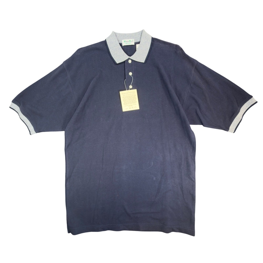 WinnerMate Polo Shirt Mens Medium 90s Navy Blue Cotton Pique Deadstock Vintage